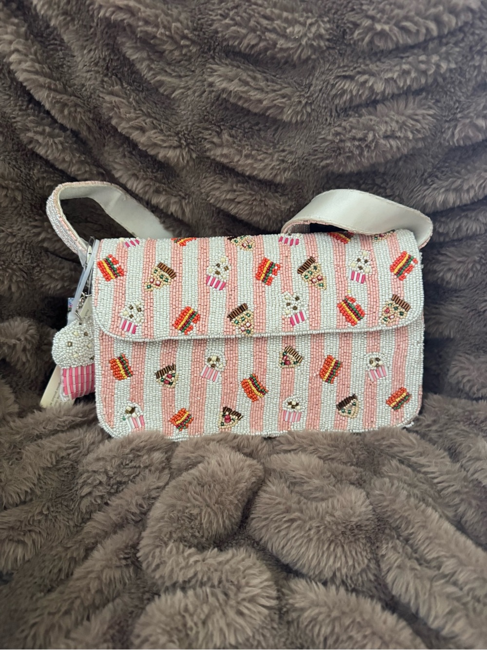 Pink Beaded Snack Motif Bag with Beaded Charm